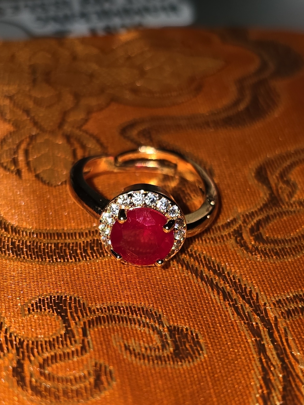 NWOT Ruby Red Crystal Halo Adjustable Ring - Gold Tone Statement Piece